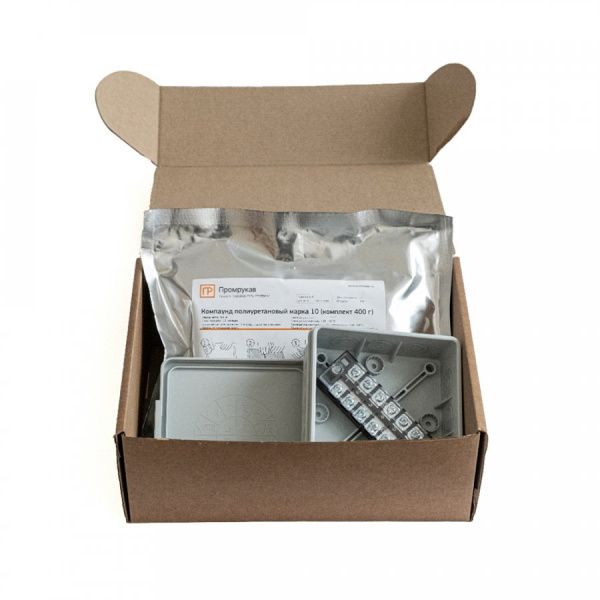 Коробка распределительная двухкомпонентная (HF) в комплекте с компаундом и с 6-кл. зажимами, сечение до 2,5 мм², 100х100х40 серая Коробка распределительная двухкомпонентная (HF) в комплекте с компаундом и с 6-кл. зажимами, сечение до 2,5 мм², 100х100х40 серая