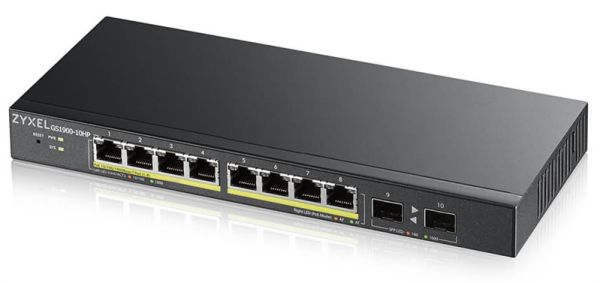 Smart L2 PoE+ Zyxel GS1900-10HP, 8xGE PoE+, 2xSFP, настольный, бесшумный, бюджет PoE 77 Вт Smart L2 PoE+ Zyxel GS1900-10HP, 8xGE PoE+, 2xSFP, настольный, бесшумный, бюджет PoE 77 Вт