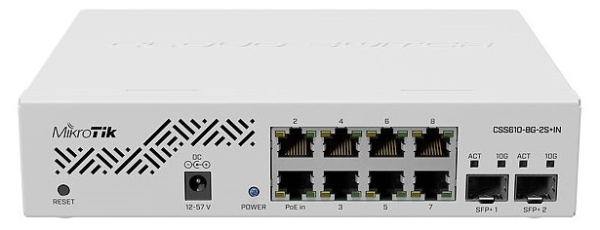 MikroTik Cloud Smart Switch 610-8G-2S+IN with 8 x Gigabit ports, 2 x SFP+ cages, SwOS, desktop case, PSU MikroTik Cloud Smart Switch 610-8G-2S+IN with 8 x Gigabit ports, 2 x SFP+ cages, SwOS, desktop case, PSU