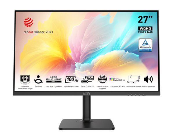 MSI Modern MD272QXP 27" 16:9 WQHD(2560x1440) IPS Flat,1ms(MPRT),HDR 400,1000:1,100M:1,400nit,178/178,HDMI,DP,2xUSB Type-A,USB Type-B,USB Type-C,Speaker,Tilt,Swivel,Height,Pivot,100Hz,Black,1y war-ty MSI Modern MD272QXP 27" 16:9 WQHD(2560x1440) IPS Flat,1ms(MPRT),HDR 400,1000:1,100M:1,400nit,178/178,HDMI,DP,2xUSB Type-A,USB Type-B,USB Type-C,Speaker,Tilt,Swivel,Height,Pivot,100Hz,Black,1y war-ty