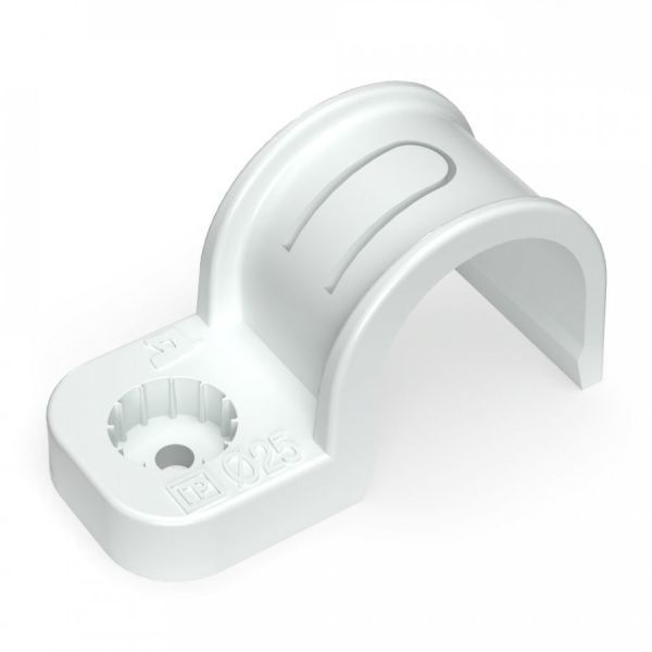 Крепеж-скоба пластиковая односторонняя для прямого монтажа атмосферостойкая белая в п/э d25 мм (50шт/450шт уп/кор) Крепеж-скоба пластиковая односторонняя для прямого монтажа атмосферостойкая белая в п/э d25 мм (50шт/450шт уп/кор)