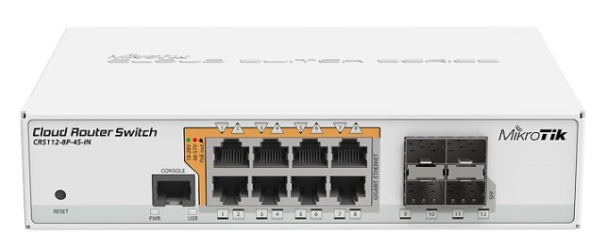 MikroTik Cloud Router Switch 112-8P-4S-IN with QCA8511 400Mhz CPU, 128MB RAM, 8xGigabit LAN with PoE-out, 4xSFP, RouterOS L5, desktop case, PSU MikroTik Cloud Router Switch 112-8P-4S-IN with QCA8511 400Mhz CPU, 128MB RAM, 8xGigabit LAN with PoE-out, 4xSFP, RouterOS L5, desktop case, PSU