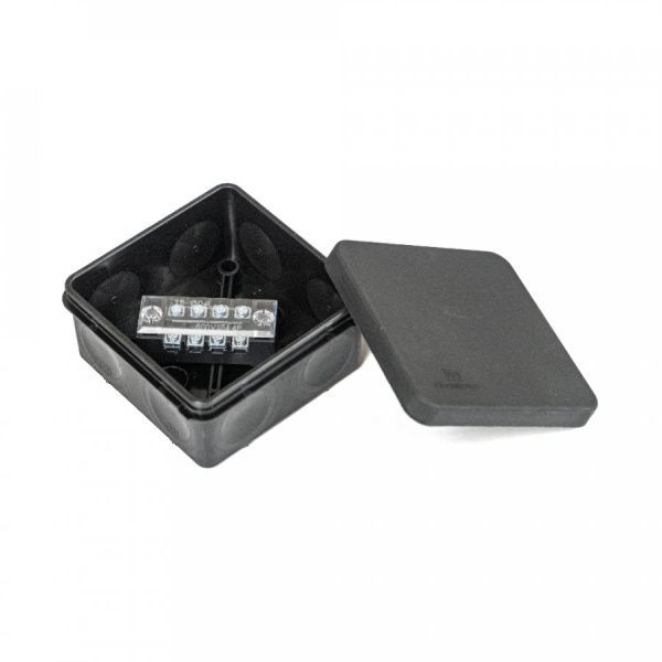 Коробка распределительная для прямого монтажа двухкомпонентная (HF) в комплекте с 4-кл. зажимами, сечение до 1,5 мм², 80х80х40 чёрная Коробка распределительная для прямого монтажа двухкомпонентная (HF) в комплекте с 4-кл. зажимами, сечение до 1,5 мм², 80х80х40 чёрная