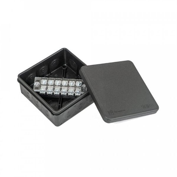 Коробка распределительная для прямого монтажа двухкомпонентная (HF) в комплекте с 6-кл. зажимами, сечение до 2,5 мм², 100х100х40 чёрная Коробка распределительная для прямого монтажа двухкомпонентная (HF) в комплекте с 6-кл. зажимами, сечение до 2,5 мм², 100х100х40 чёрная