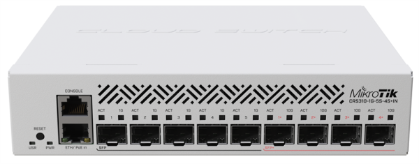 MikroTik Cloud Router Switch CRS310-1G-5S-4S+IN with 800 MHz CPU, 256 MB RAM, 4xSFP+, 5xSFP cages, 1xGBit LAN port, RouterOS L5, desktop case, rackmount ears, PSU MikroTik Cloud Router Switch CRS310-1G-5S-4S+IN with 800 MHz CPU, 256 MB RAM, 4xSFP+, 5xSFP cages, 1xGBit LAN port, RouterOS L5, desktop case, rackmount ears, PSU
