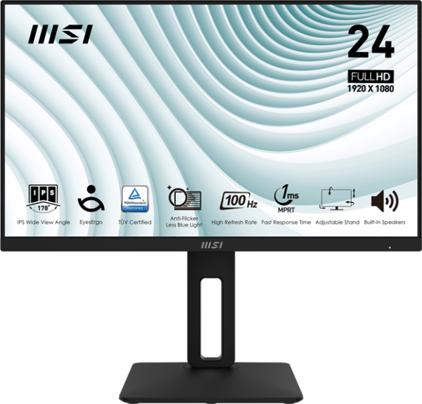 MSI PRO MP242AP 23.8" 16:9 FHD(1920x1080) IPS Flat,1ms(MPRT),1000:1,100M:1,300nit,178/178,HDMI 1.4,DP 1.2,VGA(D-Sub),Speaker,Tilt,Swivel,Height,Pivot,VESA,100Hz,Black,1y war-ty MSI PRO MP242AP 23.8" 16:9 FHD(1920x1080) IPS Flat,1ms(MPRT),1000:1,100M:1,300nit,178/178,HDMI 1.4,DP 1.2,VGA(D-Sub),Speaker,Tilt,Swivel,Height,Pivot,VESA,100Hz,Black,1y war-ty