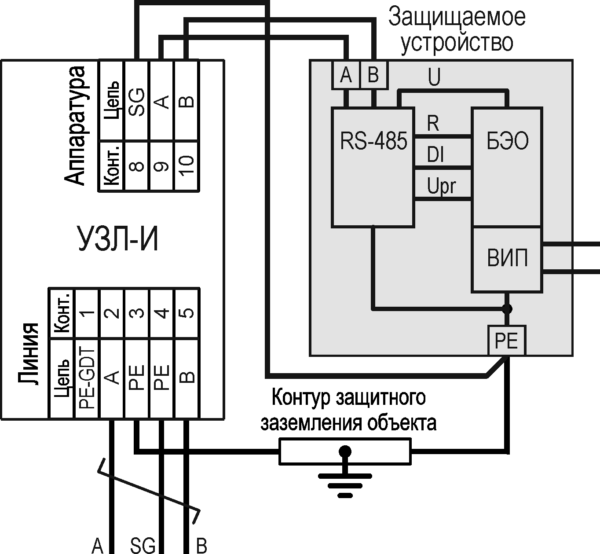 Устройство защиты портов интерфейса RS-485 УЗЛ-И. Изображение 1 2-я схема включения УЗЛ-И