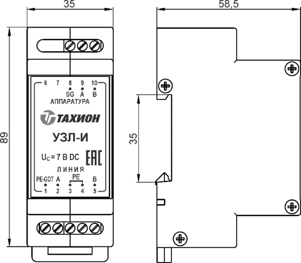 Устройство защиты портов интерфейса RS-485 УЗЛ-И. Изображение 1 Габаритные и установочные размеры УЗЛ-И