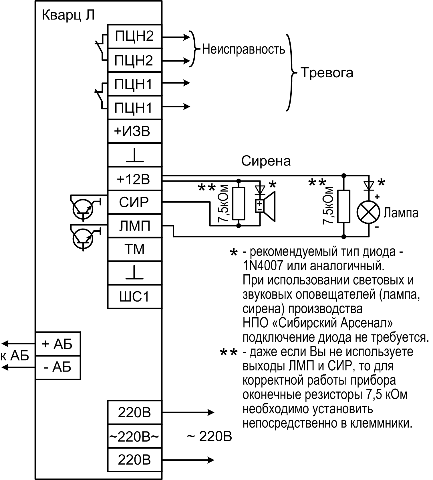 Схема внешних соединений прибора Кварц Л Объектовый прибор системы Лавина Кварц Л без трансивера. Изображение 1