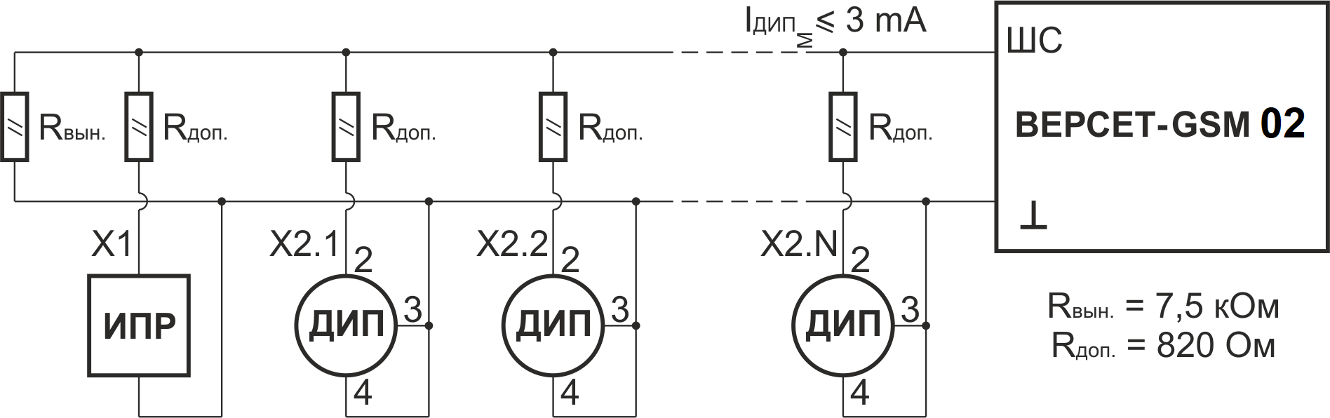 Схема включения дымовых извещателей в пожарный ШС типа ННС и ПНС. Двухпороговый режим работы. Прибор приёмно-контрольный охранно-пожарный GSM охраны «ВЕРСЕТ– GSM 02». Изображение 1