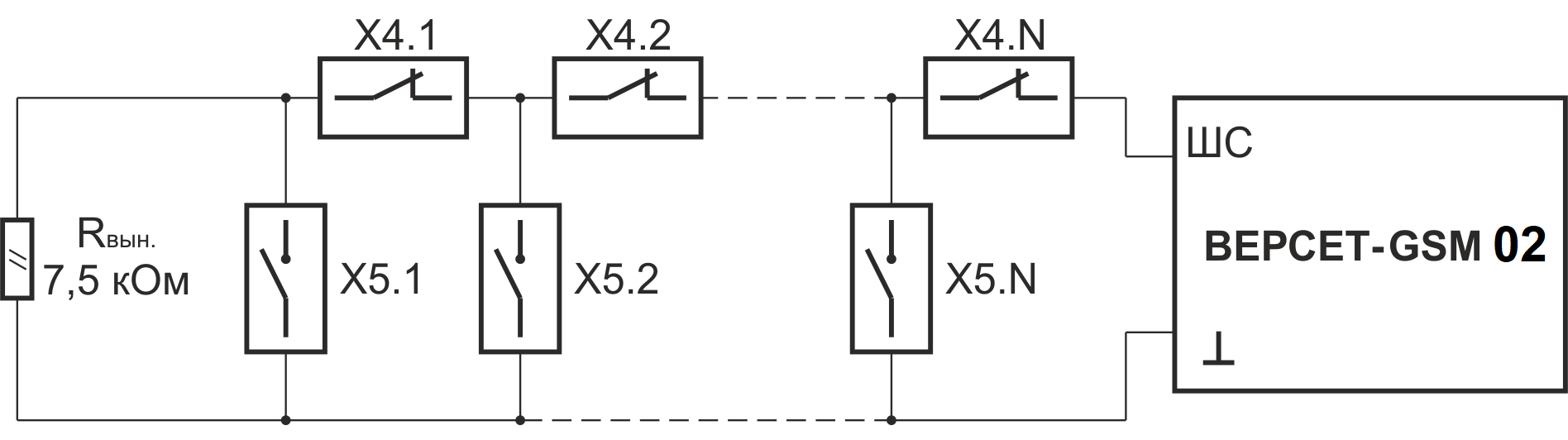 Схема включения охранных извещателей в охранный ШС Прибор приёмно-контрольный охранно-пожарный GSM охраны «ВЕРСЕТ– GSM 02». Изображение 1