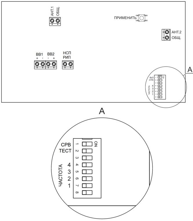 Вид на клеммы для подключения внешних цепей и органы управления «ВС-РТР ВЕКТОР» ВС-РТР ВЕКТОР Ретранслятор радиоканальный. Изображение 1