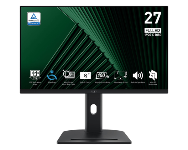 MSI PRO MP275PG 27" 16:9 FHD(1920x1080), IPS Flat, 1ms(MPRT), 1300:1, 100M:1, 300nits, 178/178, HDMI 1.4b, DP 1.2a, VGA, Speaker, Tilt, Swivel, Height, Pivot, 100HZ, Black, 1y war-ty