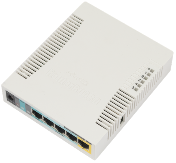 MikroTik RouterBOARD 951Ui-2HnD with 600Mhz CPU, 128MB RAM, 5xLAN, built-in 2.4Ghz 802b/g/n 2x2 two chain wireless with integrated antennas, desktop case, PSU, RouterOS L4
