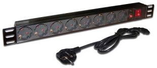 Блок розеток 19", 1-фазный с выключателем, 10A / 250V, 8xSchuko, шнур 1.8 м, вилка Schuko