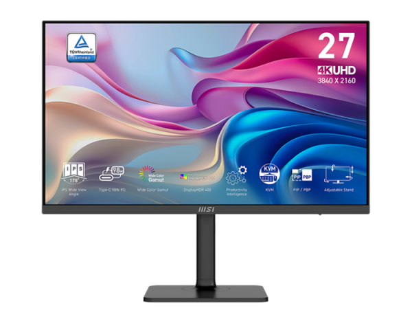 MSI Modern MD272UPHG 27" 16:9 UHD(3840x2160) IPS Flat,4ms(GTG),HDR 400,1000:1,100M:1,400nit,178/178,2xHDMI,DP,USB Type-C,Speaker,Tilt,Swivel,Height,Pivot,60Hz,Black,1y war-ty