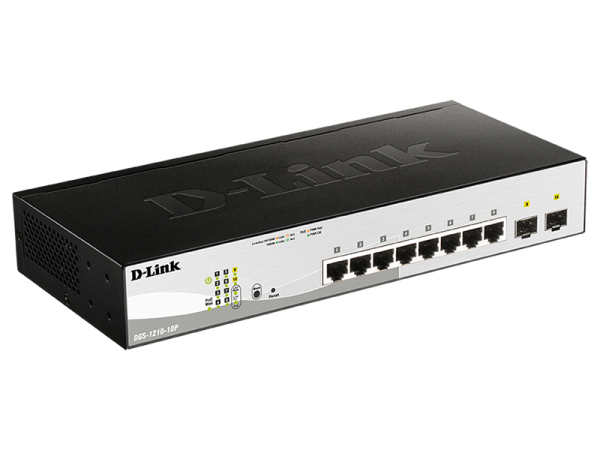 D-Link Управляемый L2 PoE-коммутатор, 8x1000Base-T PoE, 2x1000Base-X SFP, PoE-бюджет 65 Вт, защита от статического электричества до 6 кВ, CLI