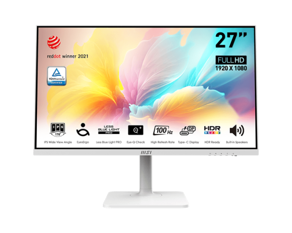 MSI Modern MD2712PW 27" 16:9 FHD(1920x1080) IPS Flat,1ms(MPRT),1000:1,100M:1,300nit,178/178,HDMI 1.4,USB-C,Speaker,Tilt,Swivel,Height,Pivot,VESA,100Hz,White(white cable),1y war-ty