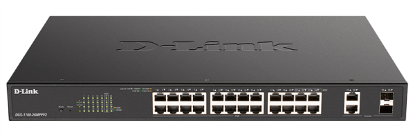 D-Link Настраиваемый L2 PoE-коммутатор, 24х1000Base-T PoE  (4 порта 802.3bt 90 Вт), 2xCombo 1000Base-T/SFP, PoE-бюджет 525 Вт