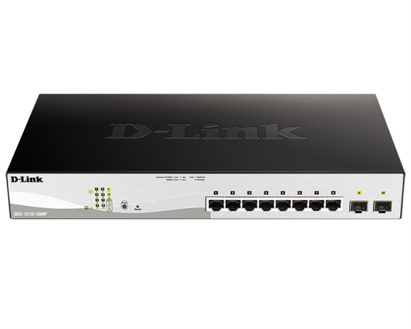 D-Link Управляемый L2 PoE-коммутатор, 8x1000Base-T PoE, 2x1000Base-X SFP, PoE-бюджет 130 Вт, защита от статического электричества до 6 кВ, CLI