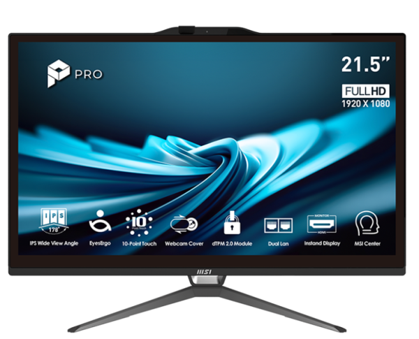 MSI Pro AP222T 14M AiO 21,5" FHD (1920x1080)IPS AG 10pts Touch, Core i3-14100 (3.5GHz),16Gb DDR5(8GBx2),256GB SSD, TPM, Intel UHD,WiFi,BT,camera,Wired KB&mouse Eng/Rus,noOS,1y w-ty,Black