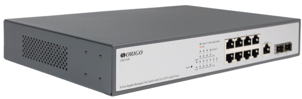 ORIGO Управляемый L2 PoE-коммутатор, 8x1000Base-T PoE, 2x1000Base-X SFP, PoE-бюджет 135 Вт, консольный порт RJ-45, комплект для установки в 19" стойку