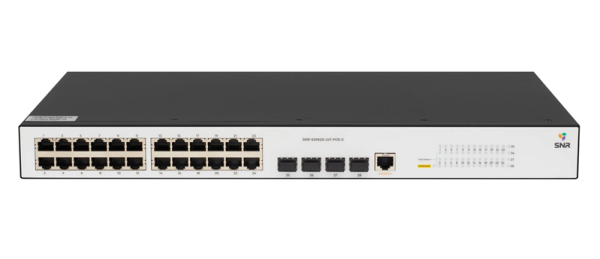SNR Управляемый гигабитный POE коммутатор уровня 2, 24 порта 10/100/1000Base-T с поддержкой PoE, 4 порта 100/1000BASE-X (SFP), бюджет POE 370W
