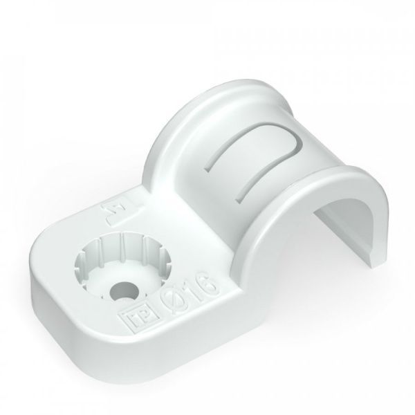 Крепеж-скоба пластиковая односторонняя для прямого монтажа атмосферостойкая белая в п/э d16 мм (50шт/750шт уп/кор)