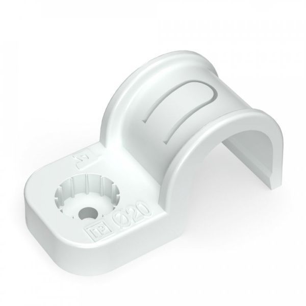 Крепеж-скоба пластиковая односторонняя для прямого монтажа атмосферостойкая белая в п/э d20 мм (50шт/600шт уп/кор)