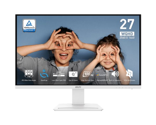 MSI PRO MP273QW E2 27" 16:9 WQHD(2560x1440)IPS Flat,1ms(MPRT),1300:1,100M:1,400nit,178/178,2xHDMI ,1xDP,Speaker,Tilt,VESA,100Hz,White, 1y w-ty