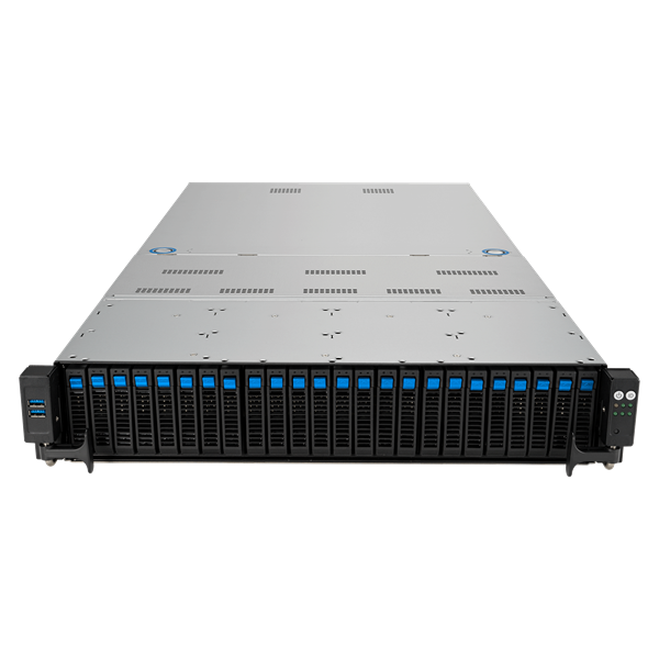 ASUS RS720A-E12-RS24U 2U, 2x AMD SP5(up to 400w), 24x DDR5(4800), 24x 2,5(16NVMe + 8NVMe/SATA/SAS*), 2xM.2 slot 2280, 6x PCIe Gen5 x8 or 3x PCIe Gen5 x16, up to 3 dual-slot GPUs, 2x10Gbe RJ45, 2x2600W
