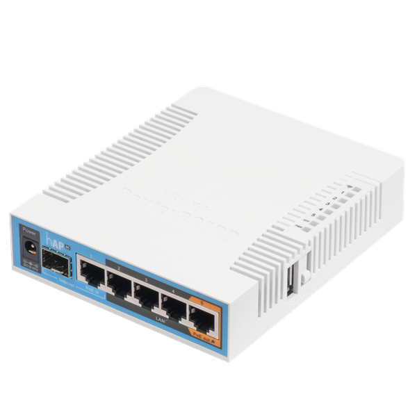 MikroTik hAP ac  with 720MHz CPU, 128MB RAM, 5x Gigabit LAN, built-in 2.4Ghz 802.11b/g/n three chain wireless with integrated antennas, built-in 5Ghz 802.11ac three chain wireless with integrated ante