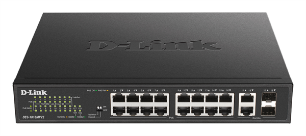 D-Link Unmanaged Switch 16x100Base-TX PoE, 2xCombo 1000Base-T/SFP, PoE Budget 247W, Long-range PoE up to 250m, metal case