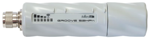 MikroTik GrooveA 52 with N-male connector, High Gain Single Chain 2.4GHz / 5GHz 802.11abgn wireless, 600MHz CPU, 64MB RAM, 1x LAN, mounting loops, POE, PSU, plastic case, RouterOS L4, 2.4Ghz 6dBi Omni