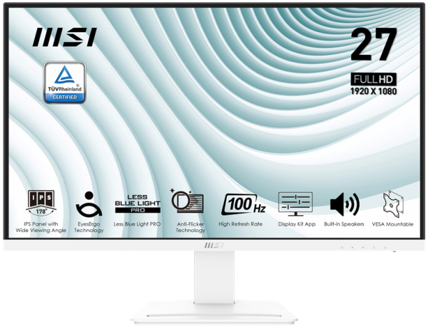 MSI PRO MP273AW 27" 16:9 FHD(1920x1080)IPS Flat,5ms(GTG),1000:1,100M:1,300nit,178/178,1xHDMI ,1xDP, 1*D-Sub (VGA) ,Tilt,VESA,100Hz,1y w-ty, White
