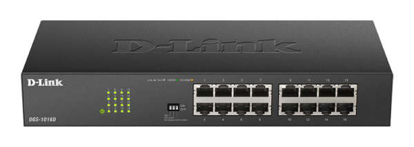 D-Link Неуправляемый коммутатор, 16x1000Base-T, DIP-переключатель, защита от статического электричества до 1 кВ