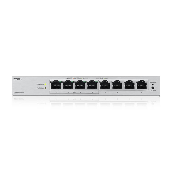 Web Smart L2 коммутатор Zyxel GS1200-8HPv3, 8xGE (4xPoE+), бюджет PoE 68 Вт, настольный, бесшумный