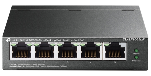 TP-Link TL-SF1005LP, 5-Port 10/100 Mbps Desktop Switch with 4-Port PoE, 41 W, 250m