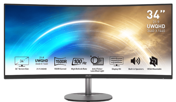 MSI PRO MP341CQ 34" 21:9 UWQHD(3440x1440) VA Curve1500R, 1ms(MPRT), 3000:1,100M:1,300nit,178/178,2xHDMI 2.0,DP 1.2,Tilt,Speaker,VESA,100Hz,Black,1y w-ty MSI PRO MP341CQ 34" 21:9 UWQHD(3440x1440) VA Curve1500R, 1ms(MPRT), 3000:1,100M:1,300nit,178/178,2xHDMI 2.0,DP 1.2,Tilt,Speaker,VESA,100Hz,Black,1y w-ty