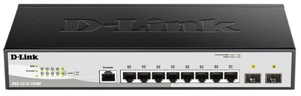 D-Link Управляемый L2 коммутатор, 8x1000Base-T, 2x1000Base-X SFP, защита от статического электричества до 6 кВ, CLI, консольный порт RJ-45, RPS, поддержка Dying Gasp