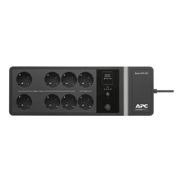 APC Back-UPS ES 650VA/400W, 230V, 8 Rus Schuko (2 Surge & 6 batt.), USB, USB charge(type A), Data/DSL protection, 1 year warranty