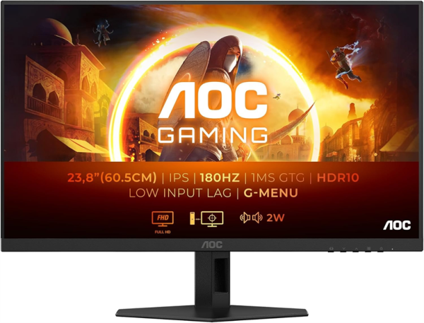 24" AOC 24G4XE 1920x1080, WLED, 16:9, Fast IPS, 300cd, 1000:1, 80M:1, 1ms, 178/178, HDMI*2, DP, 180Hz, Speakers, Tilt, Внут, VESA, Black/Grey, 3y