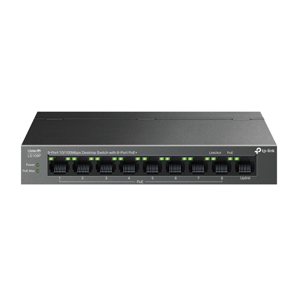TP-Link LS109P, 9-Port 10/100 Mbps Desktop Switch with 8-Port PoE+, 63 W, 250m