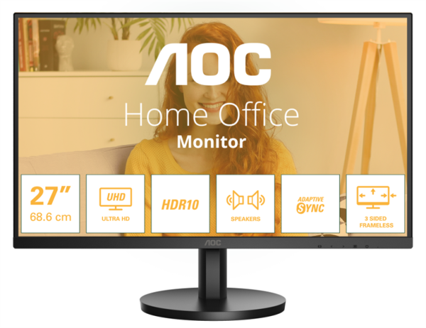 27' AOC U27B3A 3840x2160, WLED, 16:9, IPS, 350 cd, 1000:1, 20M:1, 4ms, 178/178, HDMI*2, DP, 60 Hz, Speak, Tilt, HAS, VESA, Внутр, Black, 3y