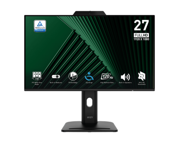 MSI PRO MP272PMG 27" 16:9 FHD(1920x1080) IPS Flat,Webcam,4ms(GTG),1500:1,100M:1,300nit,1xHDMI,1xDP,1xVGA,2xUSB-A,1xUSB-B,Speaker,Tilt,Swivel,Height,Pivot,VESA,120Hz,Black,1y war-ty