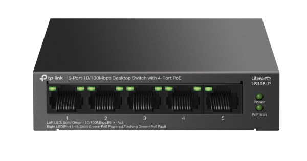 TP-Link LS105LP, 5-Port 10/100 Mbps Desktop Switch with 4-Port PoE, 41W, 250m