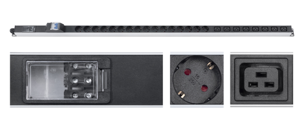 Cabeus PDU-32-16S-8C19-B-T Блок розеток для 19" шкафов, вертикальный, 16 розеток Schuko, 8 розеток IEC 320 C19, 32А, автомат защиты, алюминиевый корпус, клеммная колодка