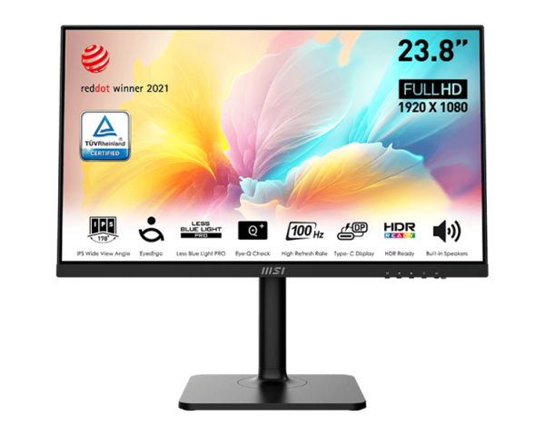 MSI Modern MD2412P 23.8" 16:9 FHD(1920x1080) IPS Flat,1ms(MPRT),1000:1,100M:1,300nit,178/178,HDMI 1.4,USB-C,Speaker,Tilt,Swivel,Height,Pivot,VESA,100Hz,Black,1y war-ty