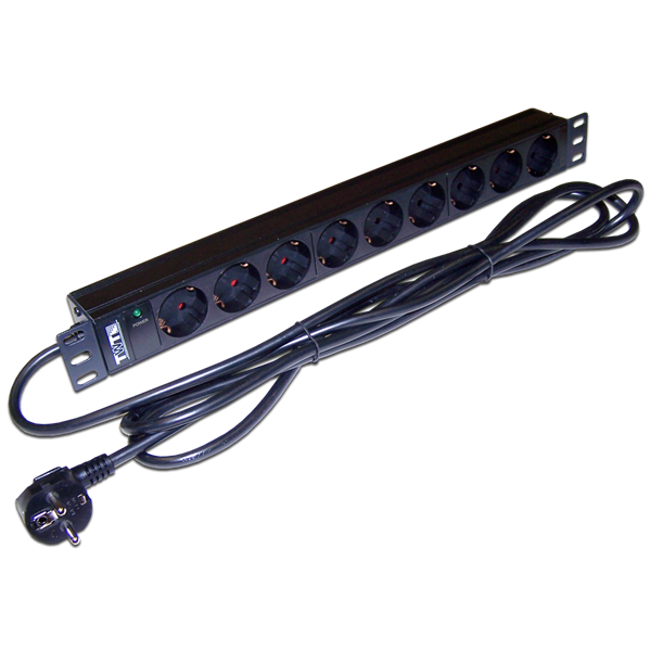 Блок розеток 19", 1-фазный без выключателя, 16A / 250V, 9xSchuko, шнур 3.0 м, вилка Schuko