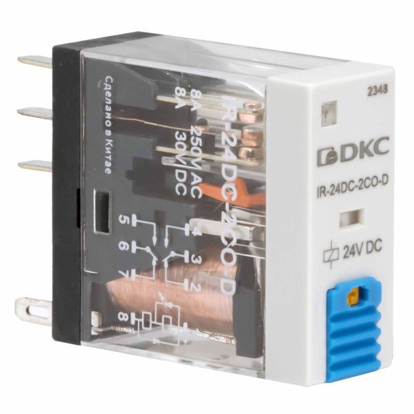 Реле миниатюрное промышленное, 2CO, ком. ток 8А, AgSnO₂, напряжение 110VDC, опция: тест-кнопка+светодиод+защитный диод